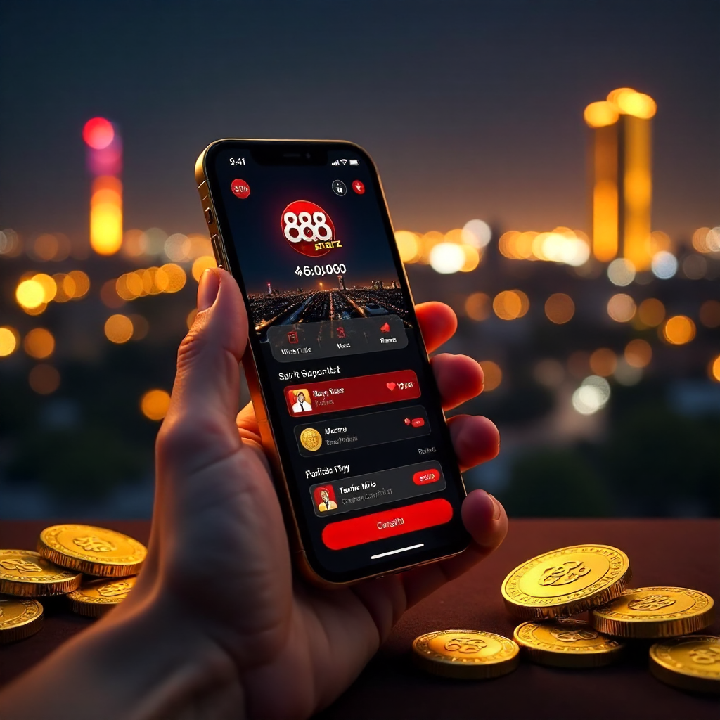 A hand holding a luxury smartphone displaying the official 888starz Uzbekistan app with its signature red and black interface, background is the Tashkent City skyline and Hilton tower at night with vibrant golden bokeh lights, 3D golden coins with UZS sym